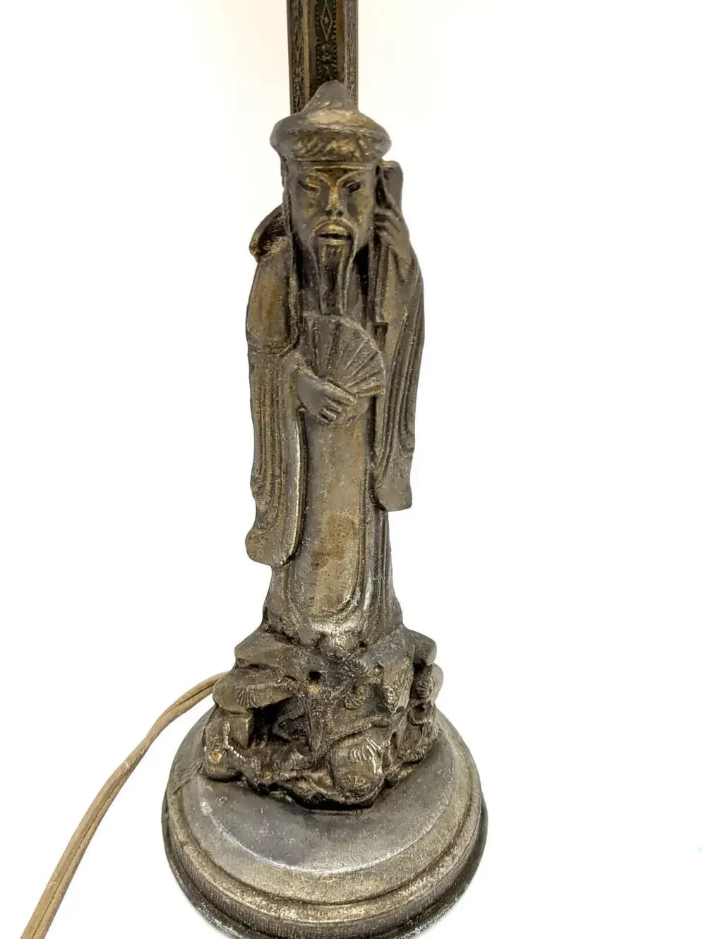 Antique VTG Figural Lamp Asian Man Spelter Statue Amber Glass Lamp 18